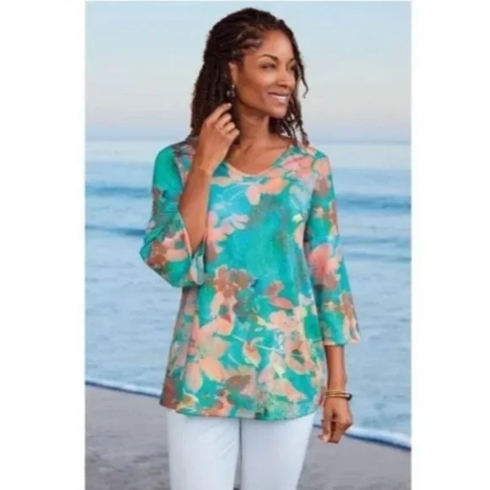 Women's Soft Surroundings Maile Tunic Floral 3/4 Sleeve Top Size XL